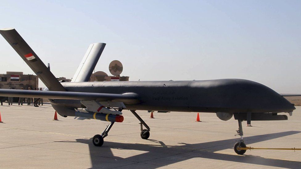 The first drone to be used by the Iraqi Air Force, loaded with ordnance, prepares to take-off to attack Islamic State group positions at an airbase in Kut 10 October 2015