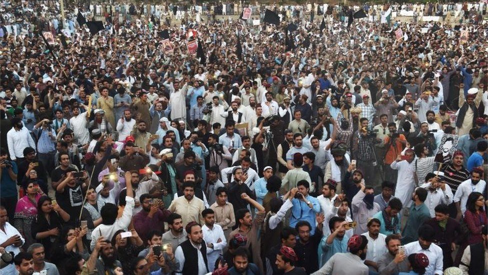 Pakistani members of the Pashtun Protection Movement (PTM) and student activists gather during a demonstration in Lahore on April 22, 2018.
