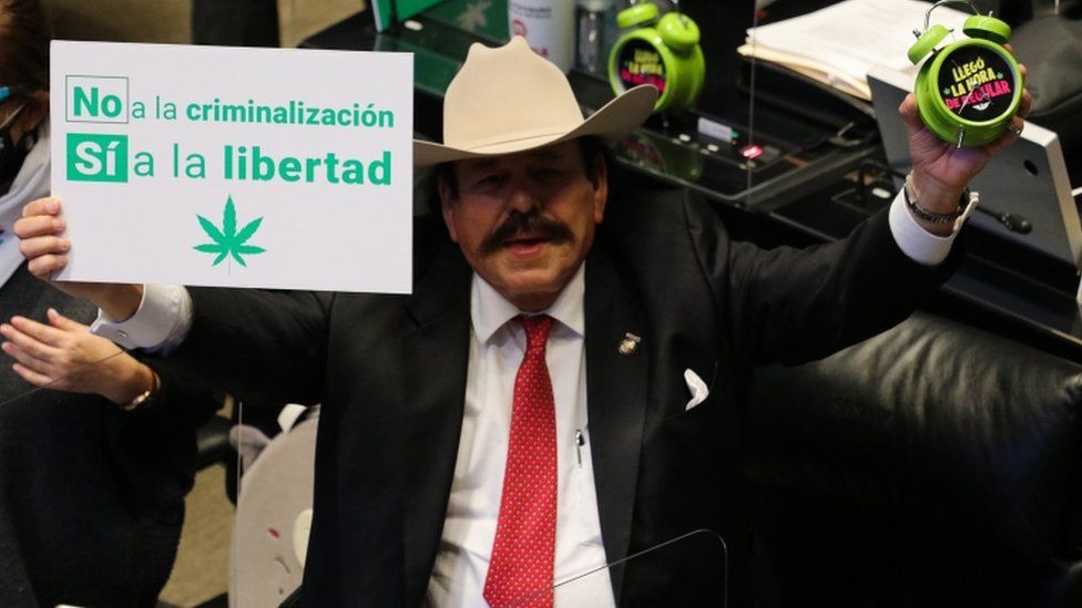 Senator Armando Guadiana celebrates the passing of a bill to legalise adult-use cannabis, in Mexico City, Mexico