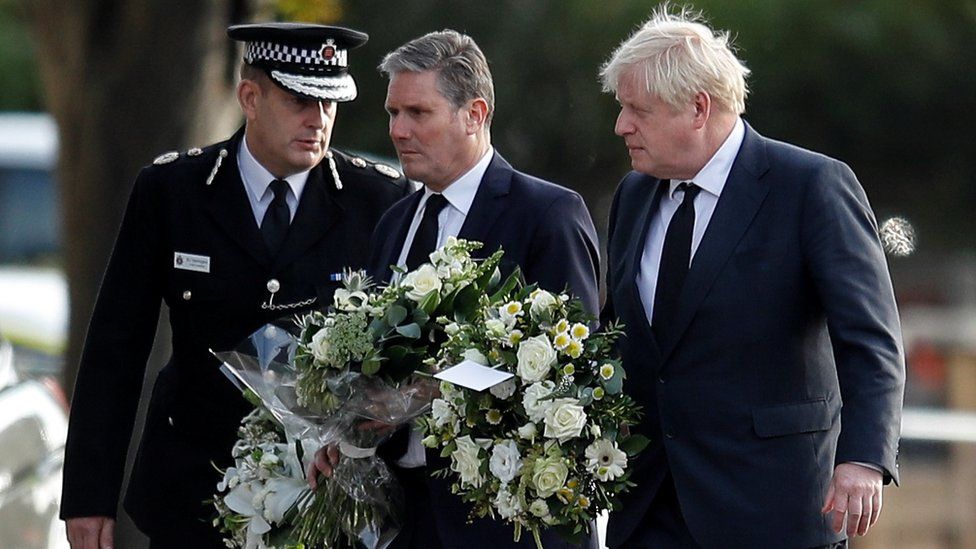 Essex Chief Constable BJ Harrington, Sir Keir Starmer and Boris Johnson outside the church in Leigh-on-Sea in Essex on Saturday