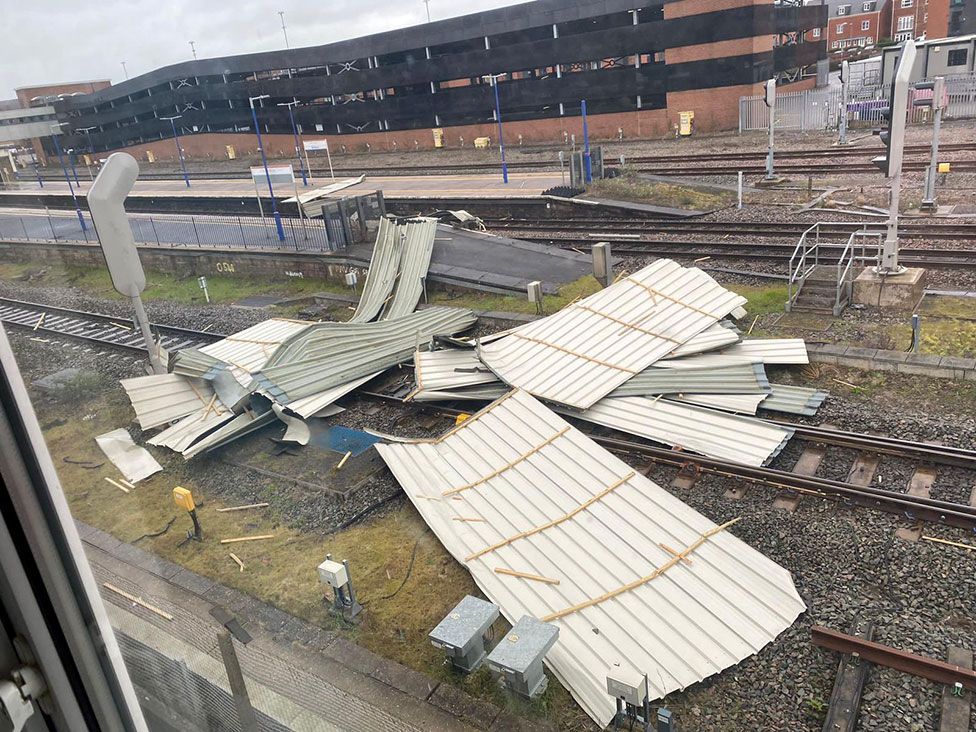 The roof of a building blown onto railway tracks in Banbury, Oxfordshire, on 18 February 2022