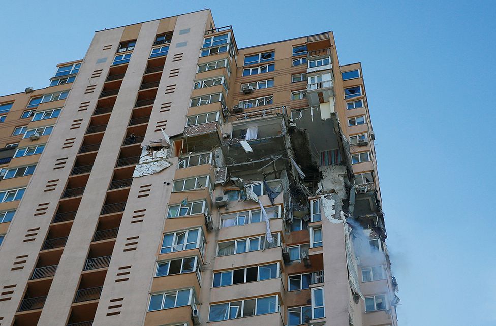 An apartment building damaged by recent shelling in Kyiv, Ukraine, 26 February 2022