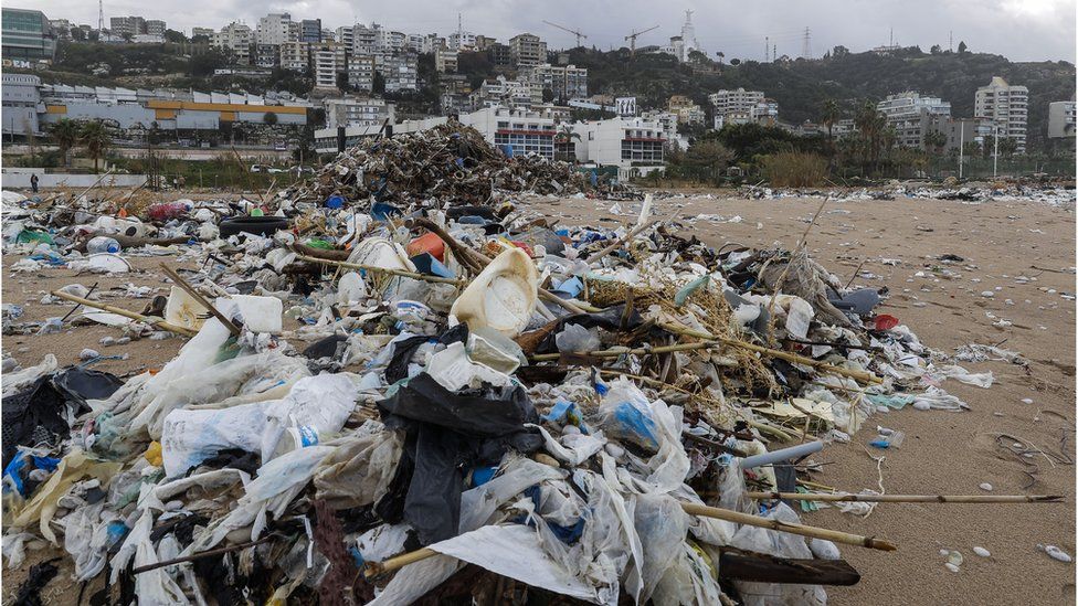 Beach north of Beirut, covered with waste washed along the shore after stormy weather. 23 Jan 2017