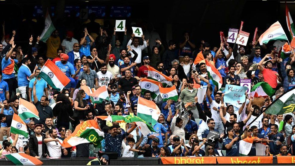 Indian fans cheer during ICC World Cup 2022 semi-final cricket match between England and India at the Adelaide Oval, 10 November 2022