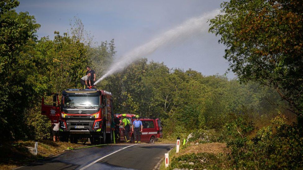 Пожарная машина распыляет воду на лесной пожар.