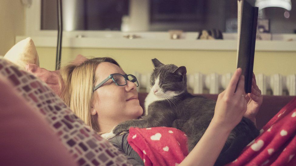 Woman at home with cat
