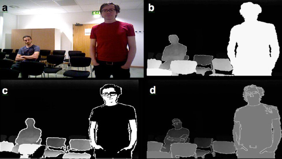 Four versions of the same image of two men from colour to black and white outlines