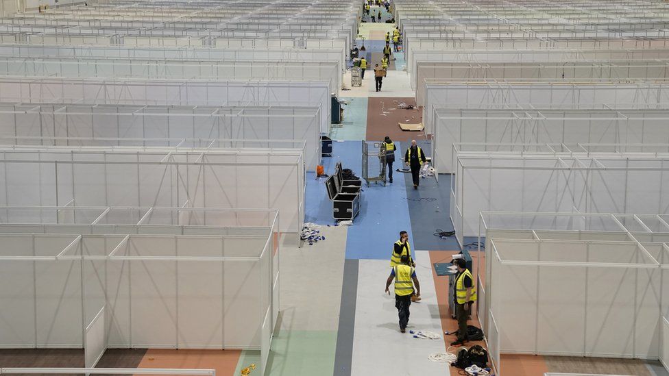 Contractors and members of the military have been building the Nightingale Hospital at the Excel in London