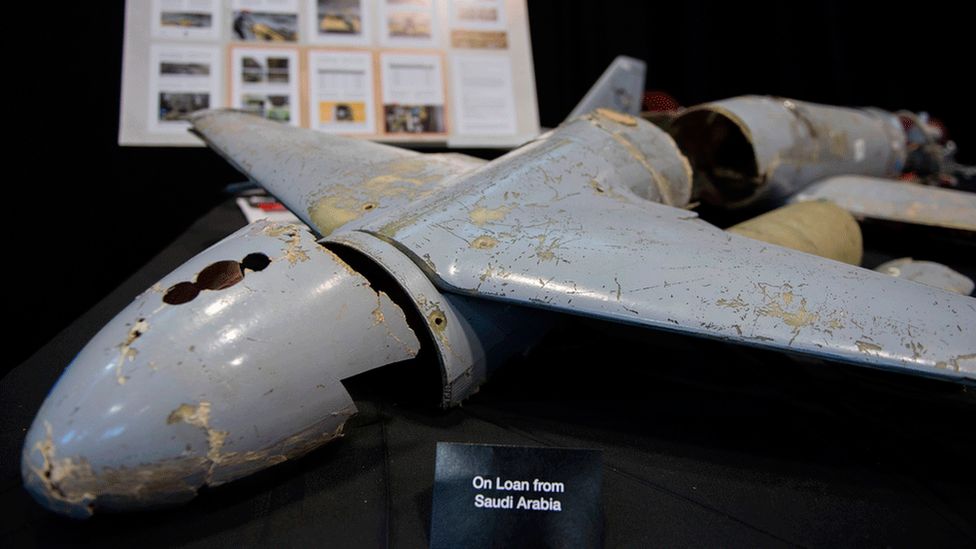 The remnants of a drone that the US says was supplied by Iran to Houthi rebels