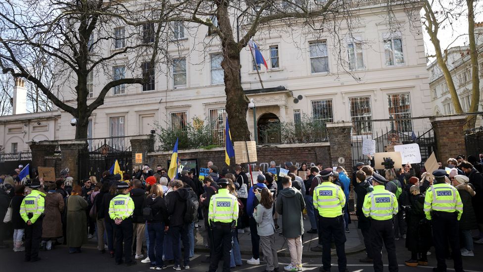 Protesters outside the Russian embassy in London