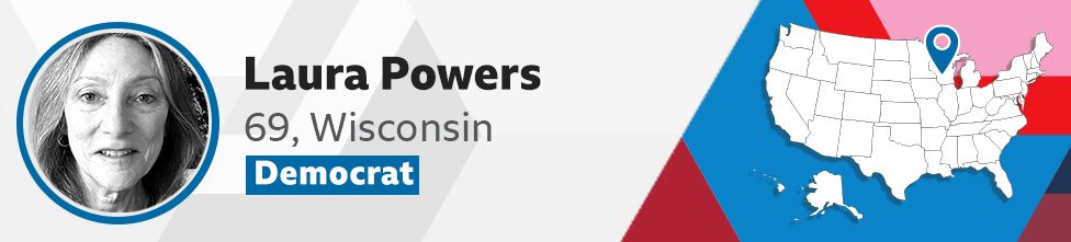 A graphic introduces Laura Powers, 69, a Democrat in Wisconsin