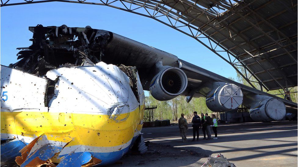 The Antonov An-225 Mriya, the world's largest cargo plane, destroyed in the Battle of Antonov Airport during the 2022 Russian invasion of Ukraine stays in a ruined hangar, Hostomel, Kyiv Region, northern Ukraine.