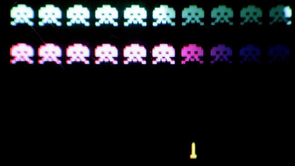 A screen from Space Invaders, from a display at London's Science Museum