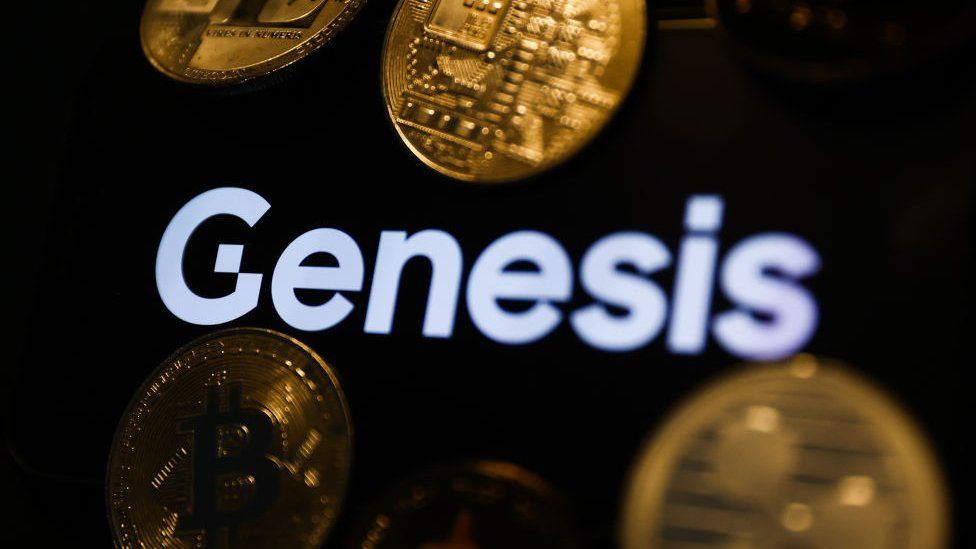 Genesis logo with coins in the background