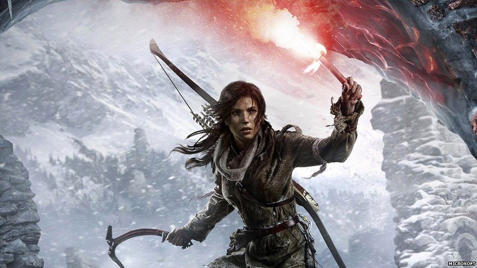 Lara Croft holding a flare