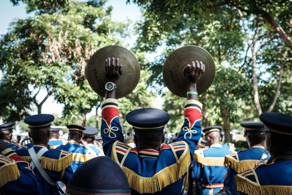 Members of Kenya police Band perform during the celebration of Madaraka day, a day celebrating Kenya's attainment of internal self-rule in 1963, in Kisumu, Kenya, on June 1, 2018.