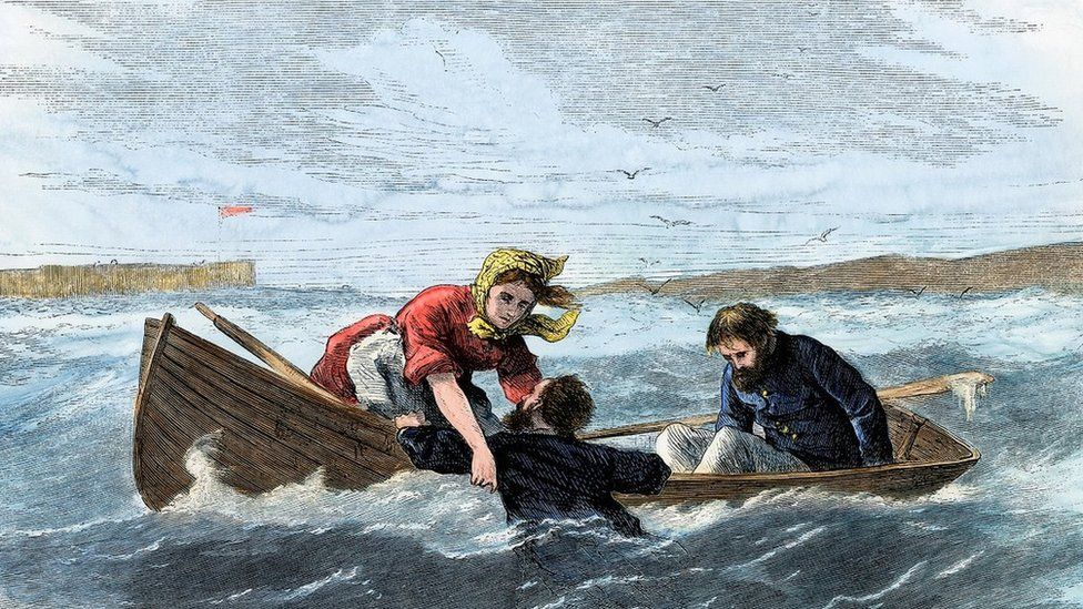 Woodcut picture of Ida Lewis rescuing the two soldiers