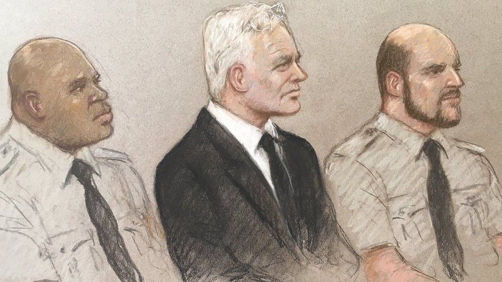 Courtroom drawing (court sketch) of Julian Assange in the dock at the Old Bailey for an extradition hearing on 7 September
