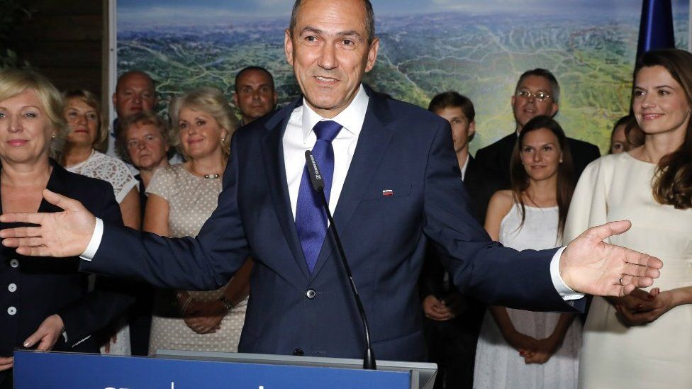 Janez Jansa of the SDS party talks to the media after his party won elections. Ljubljana, Slovenia, 3 June 2018