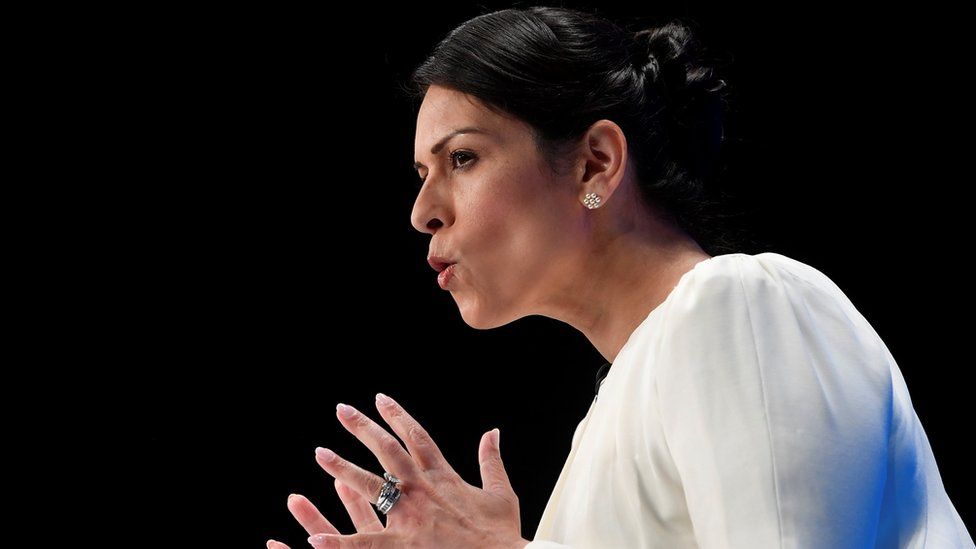 Priti Patel speaking at Conservative Party conference in Manchester on Tuesday