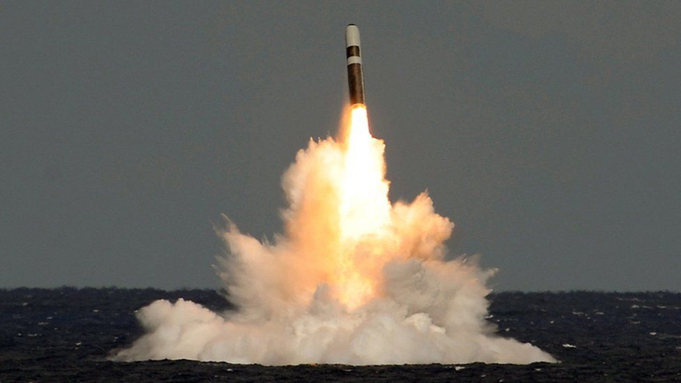 Unarmed Trident II (D5) ballistic missile fired by HMS Vigilant during a test launch in the Atlantic Ocean in October 2012