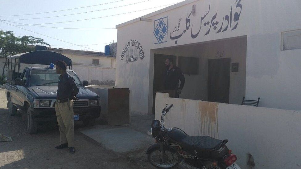 Soldiers guard a press club in Balochistan
