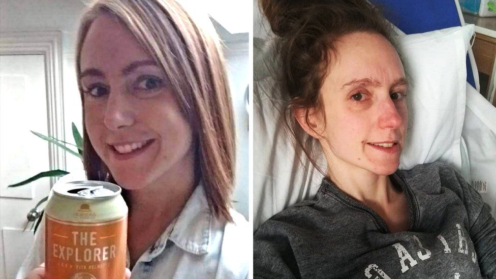 Vicky Hamlin looking healthy and smiling on the left, and in a hospital bed looking unwell on the right