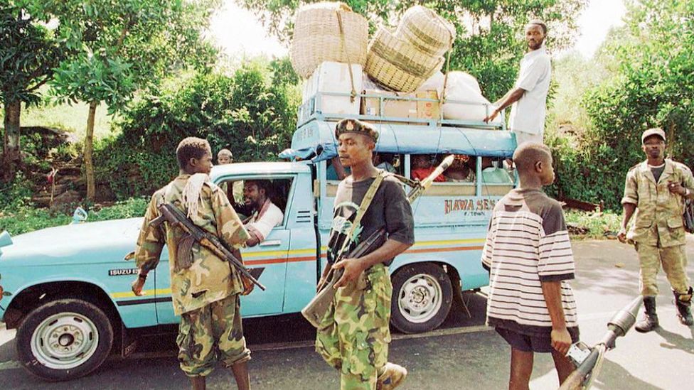 RUF fighters, allied with the Sierra Leonean military junta, at a checkpoint near Freetown - 6 November 1997