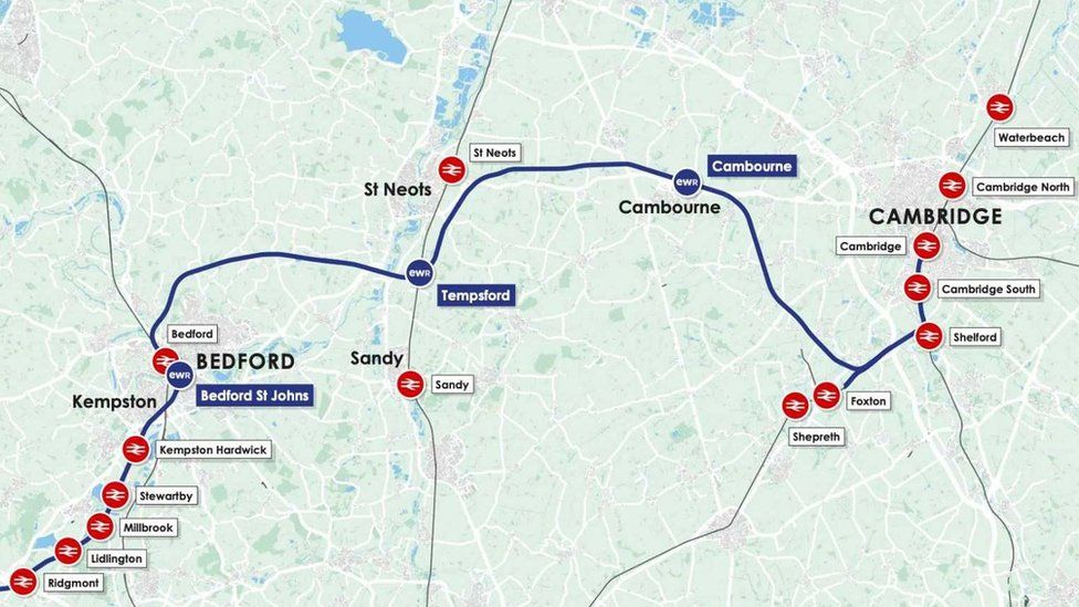 Map showing the proposed Bedford to Cambridge section of the East-West Rail link