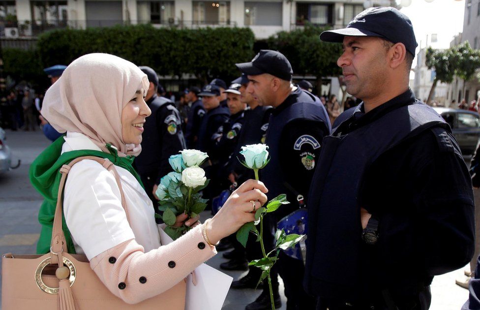 Участница антиправительственной демонстрации в Алжире дарит белую розу полицейскому.