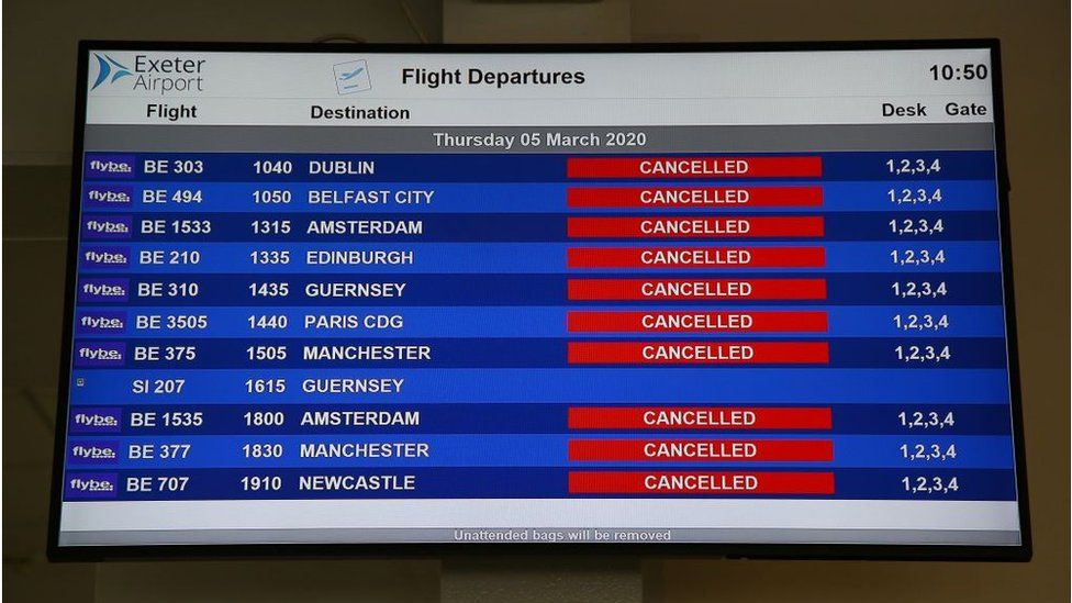 Screen showing cancelled Flybe flights