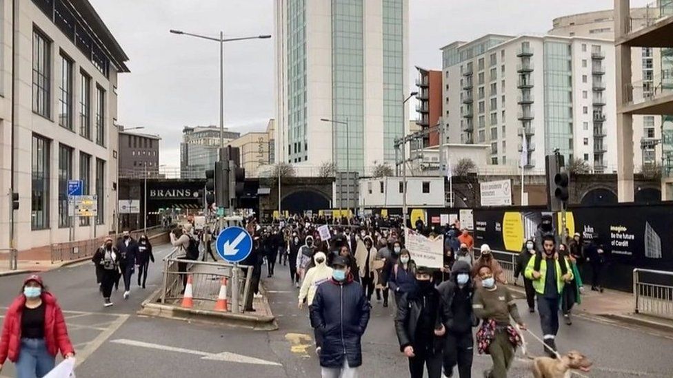 Protesters took to Cardiff's streets following Mr Hassan's death