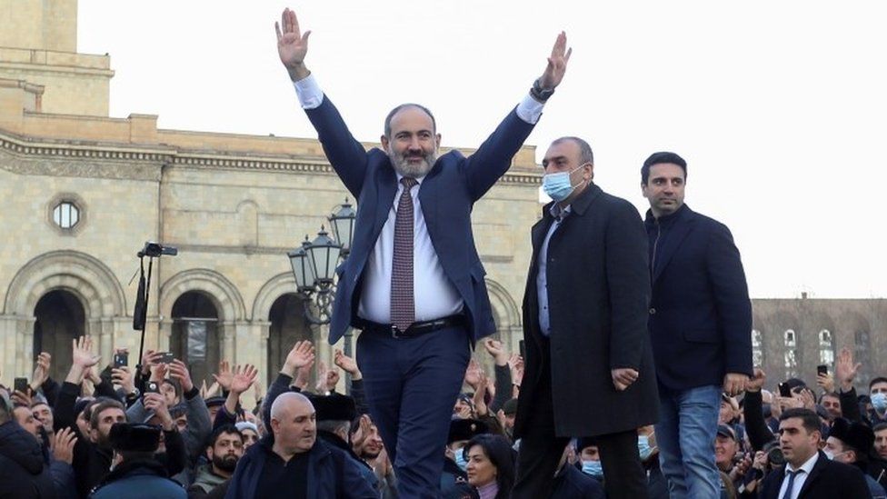 Armenian Prime Minister Nikol Pashinyan greets his supporters in central Yerevan. Photo: 25 February 2021