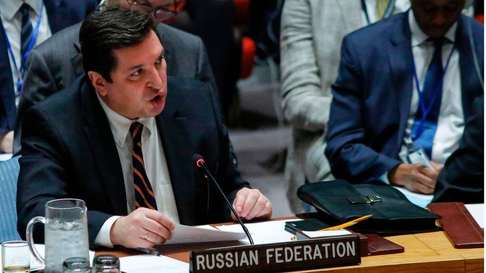 Russian Deputy Permanent Representative to the United Nations Vladimir Safronkov speaks after he voted against a Draft resolution that condemned the reported use of chemical weapons in Syria at the Security Council on April 12, 2017 at UN Headquarters in New York
