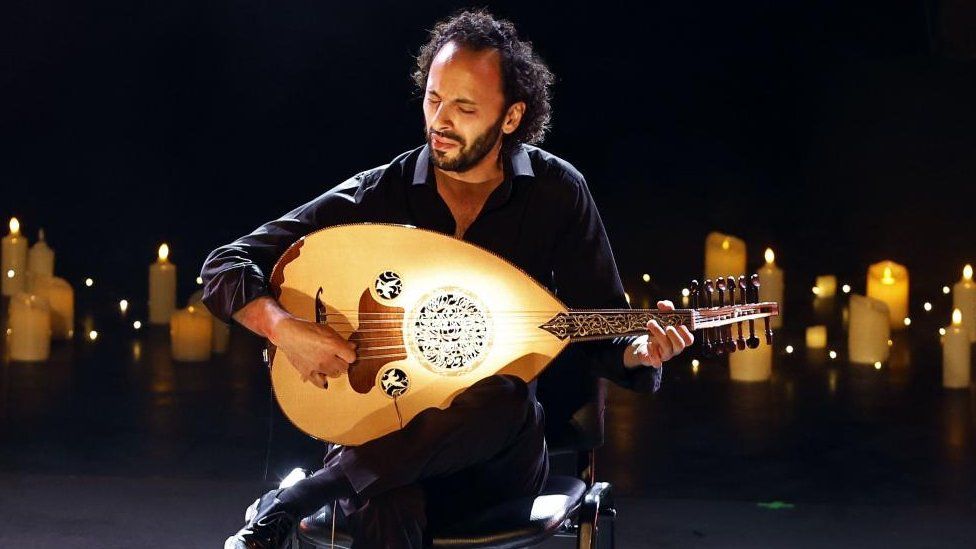 A member of Le Trio Joubran playing the oud at the Carthage International Festival, Tunis, Tunisia - Monday 14 August 2023