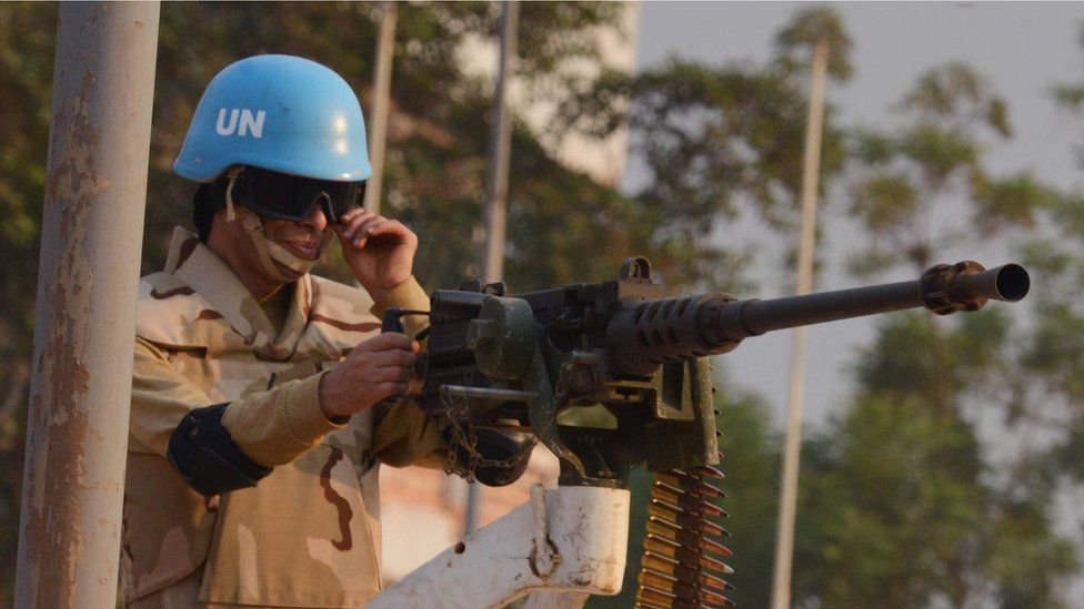 A Moroccan peacekeeper of the United Nations Mission in the Central African Republic (Minusca)