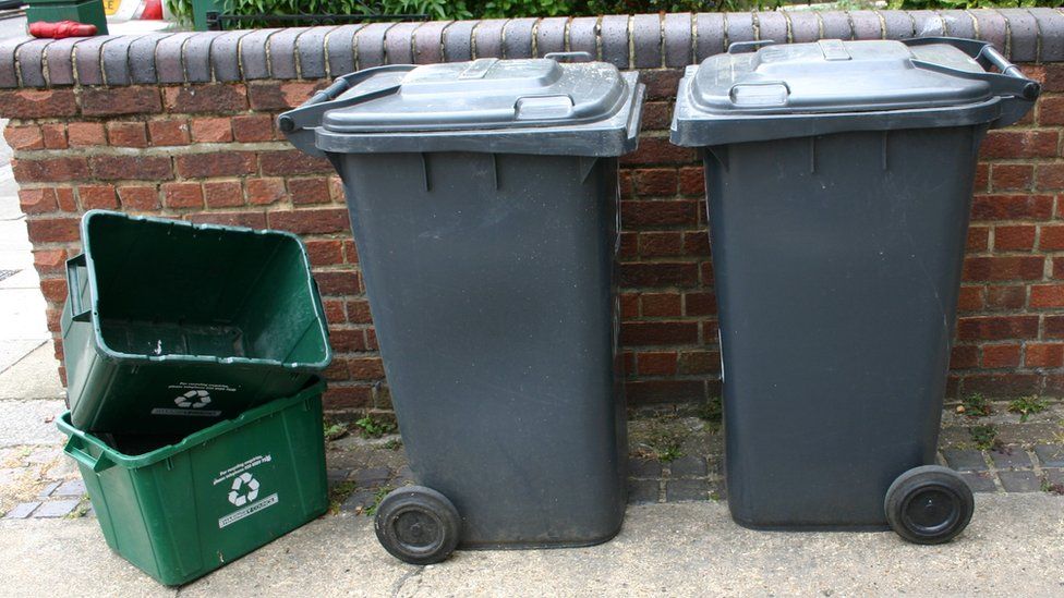 Wheelie bins standing next to a brick wall