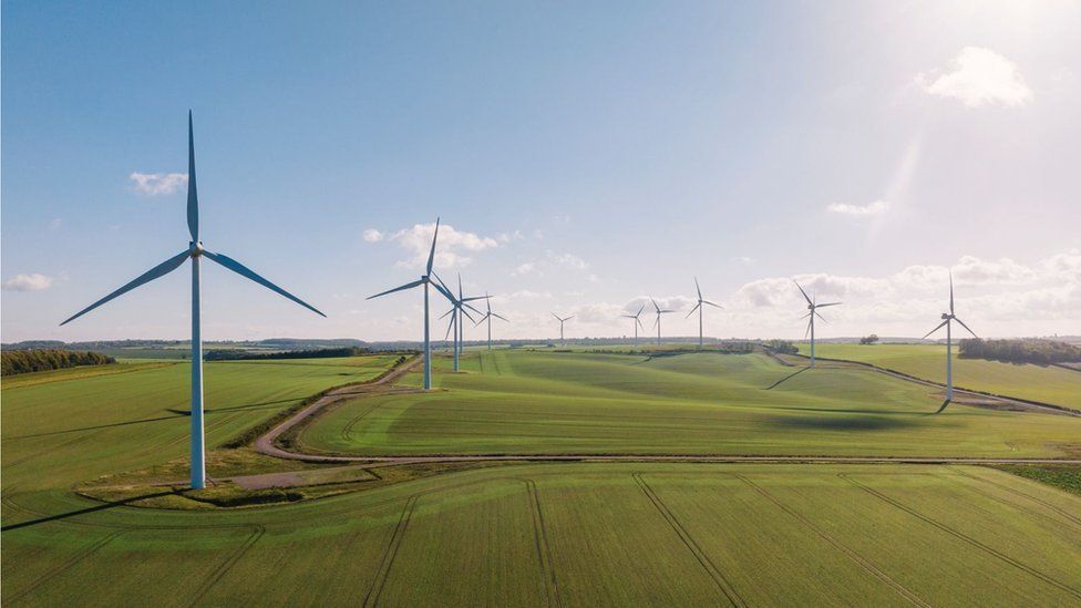 Drone view of a wind farm.