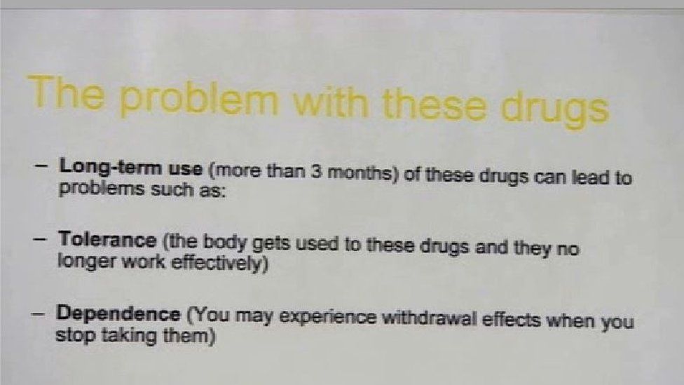 Poster at Falls surgery in Belfast warning of the dangers of long term prescription medication