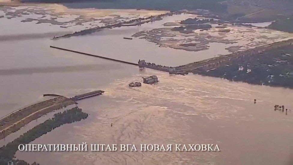 Drone footage released by the Russian-controlled Kakhovka administration appears to show water drying up at the mouth of the North Crimean Canal