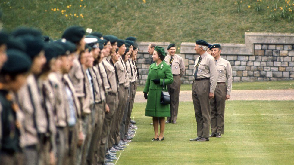 Queen Elizabeth II inspecting guard of Scouts for the St George's Day parade at Windsor castle