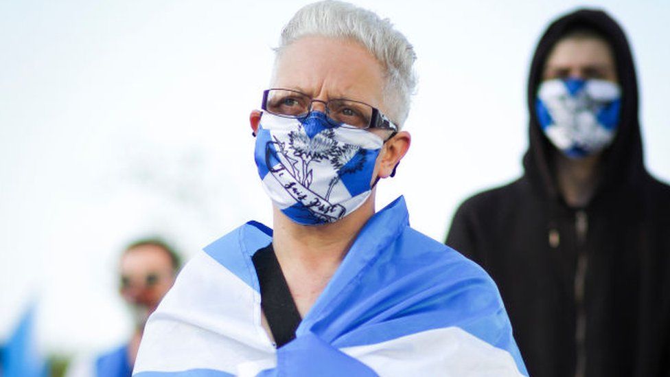 All under one banner members take part in a static Indy Ref2 rally outside the headquarters of BBC Scotland on September 17, 2020 in Glasgow, Scotland
