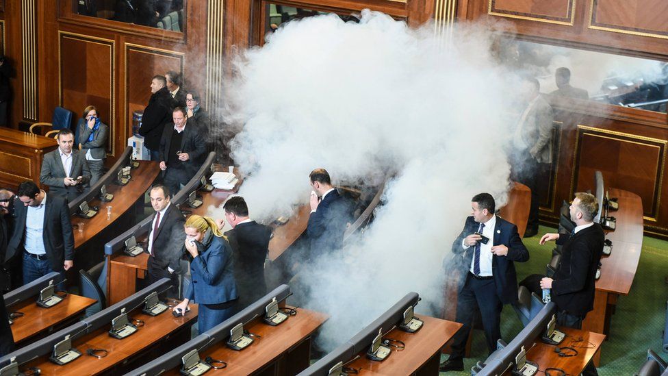 Tear gas released in Kosovo's parliament in Pristina. 14 Dec 2015