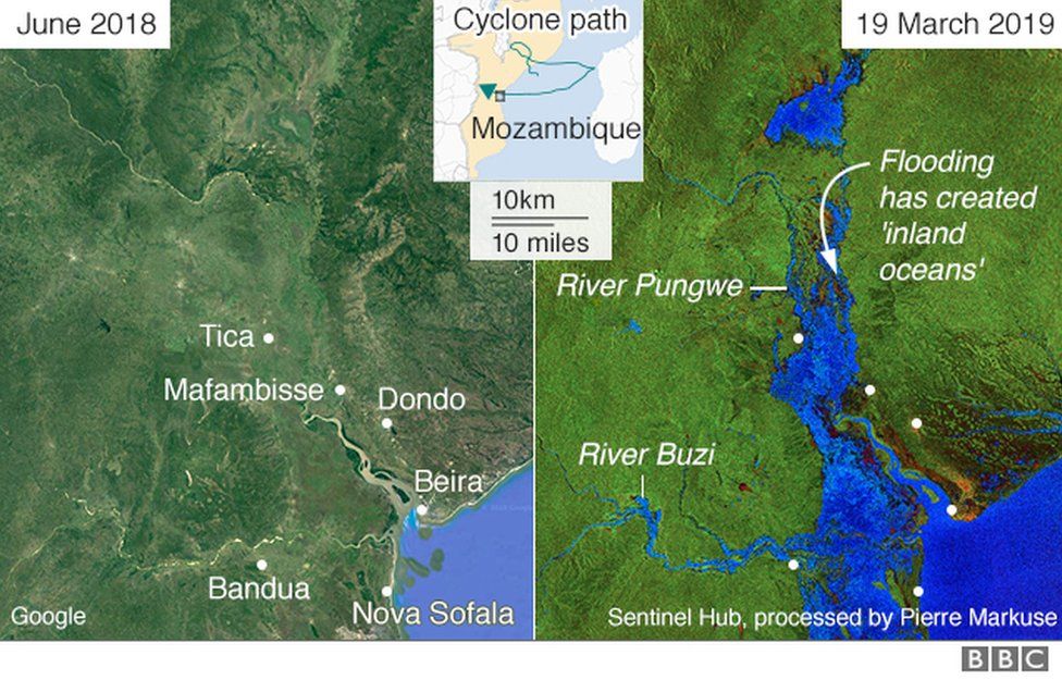 A map showing areas of Mozambique before and after they were flooded