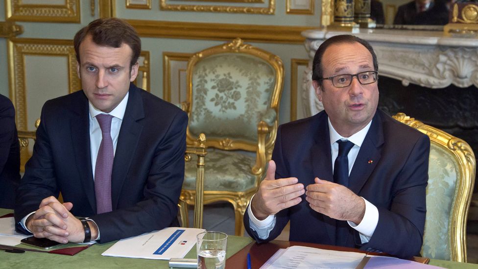Emmanuel Macron and then-president Hollande, 8 Dec 14