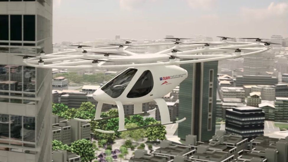 Still from video of Volocopter flying across city