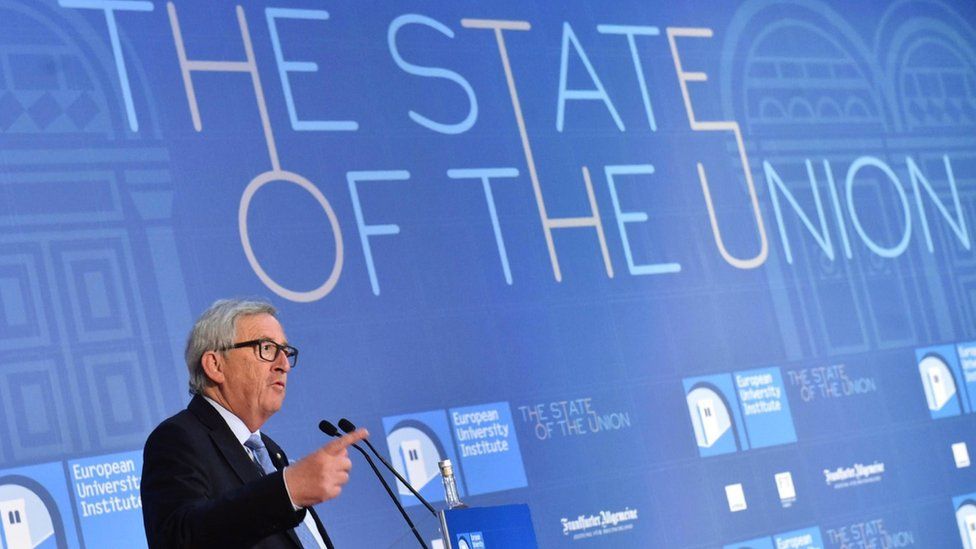 EU Commission President Jean-Claude Juncker speaks during the State of the Union conference organized by the European University Institute at Palazzo Vecchio in Florence, Italy, 5 May