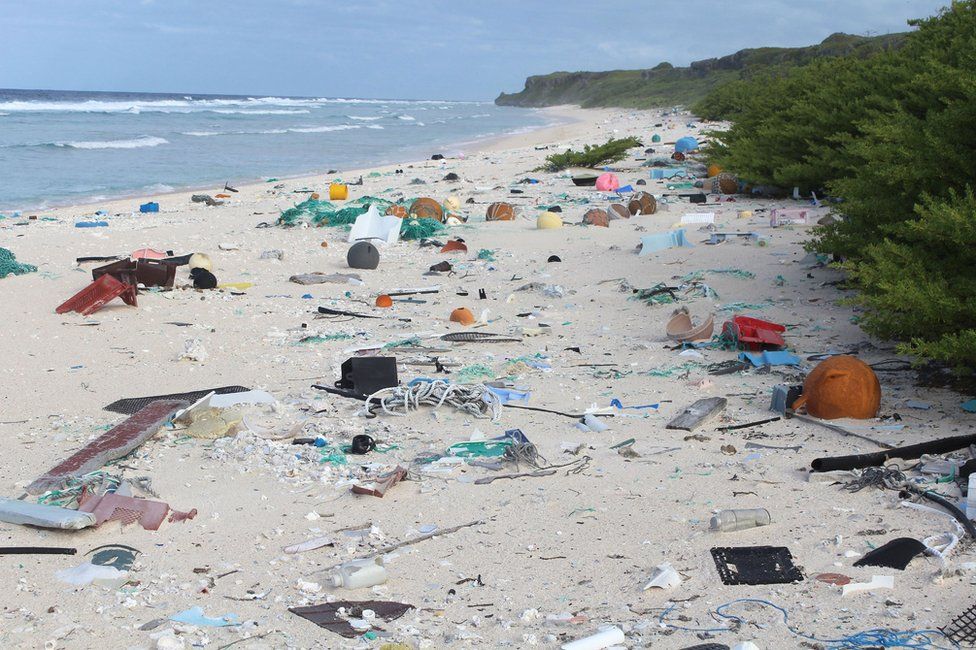 Rubbish strewn across East Beach on Henderson Island.