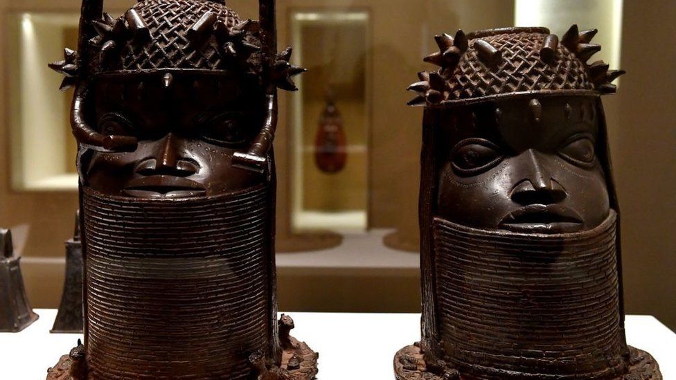 Heads of a Royal ancestor, arts of the Kingdom of Benin of the end of the 18th century are on display on May 18, 2018 at the Quai Branly Museum-Jacques Chirac in Paris