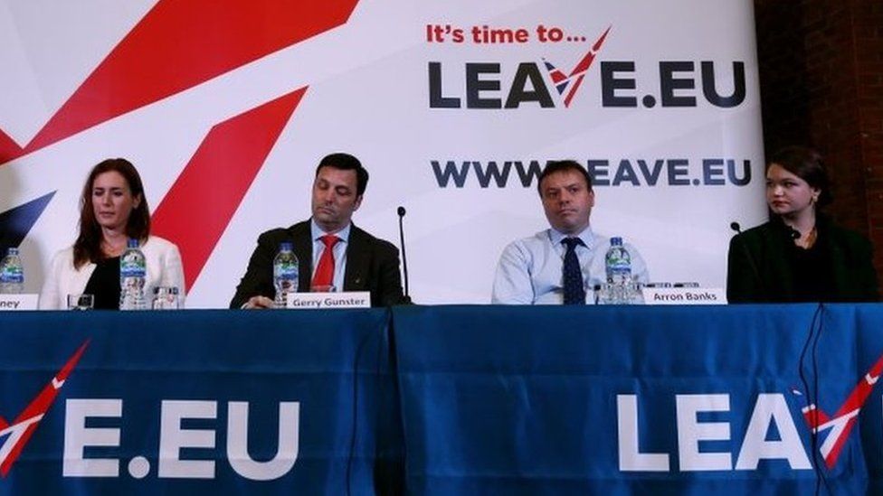 Brittany Kaiser of Cambridge Analytica, Brexit campaigner Aaron Banks, Gerry Gunster, a Washington-based strategist hired by the Leave.EU campaign, and Liz Bilney, CE of Eldon Insurance Services during a Leave.EU news conference in central London,